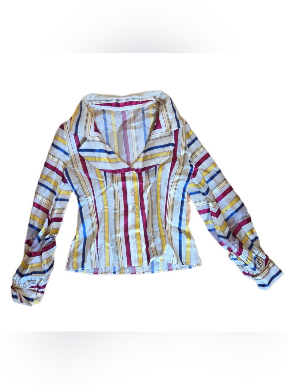 Vintage Striped Button-Front Long Sleeve Top in Multicolor with Mesh Panels